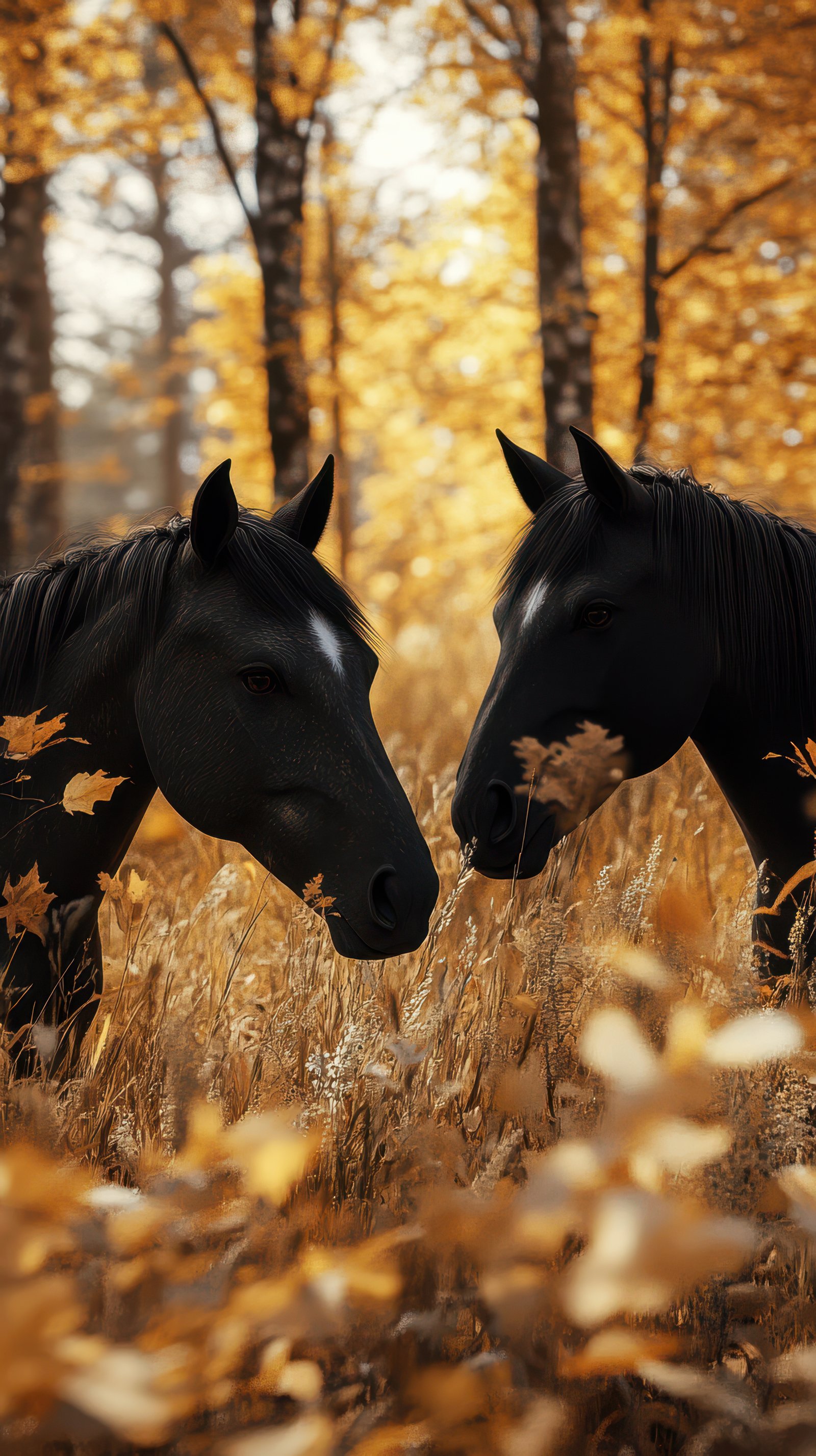 Two black horses gazing at each other in a golden autumn forest surrounded by fallen leaves